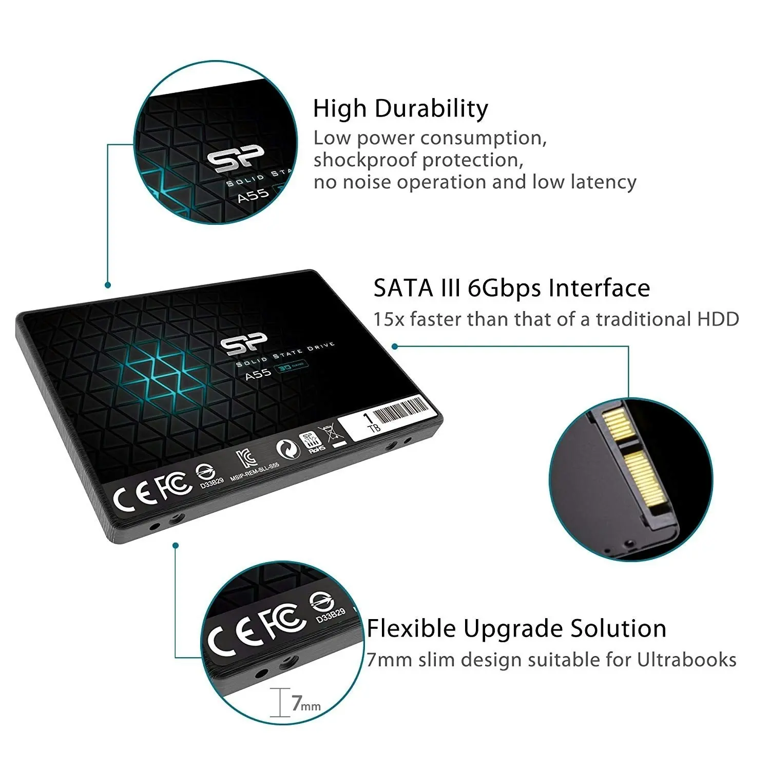 Silicon Power 1TB SSD 3D NAND A55 SLC Cache Performance Boost SATA III 2.5" 7mm (0.28") Internal Solid State Drive (SP001TBSS3A55S25)