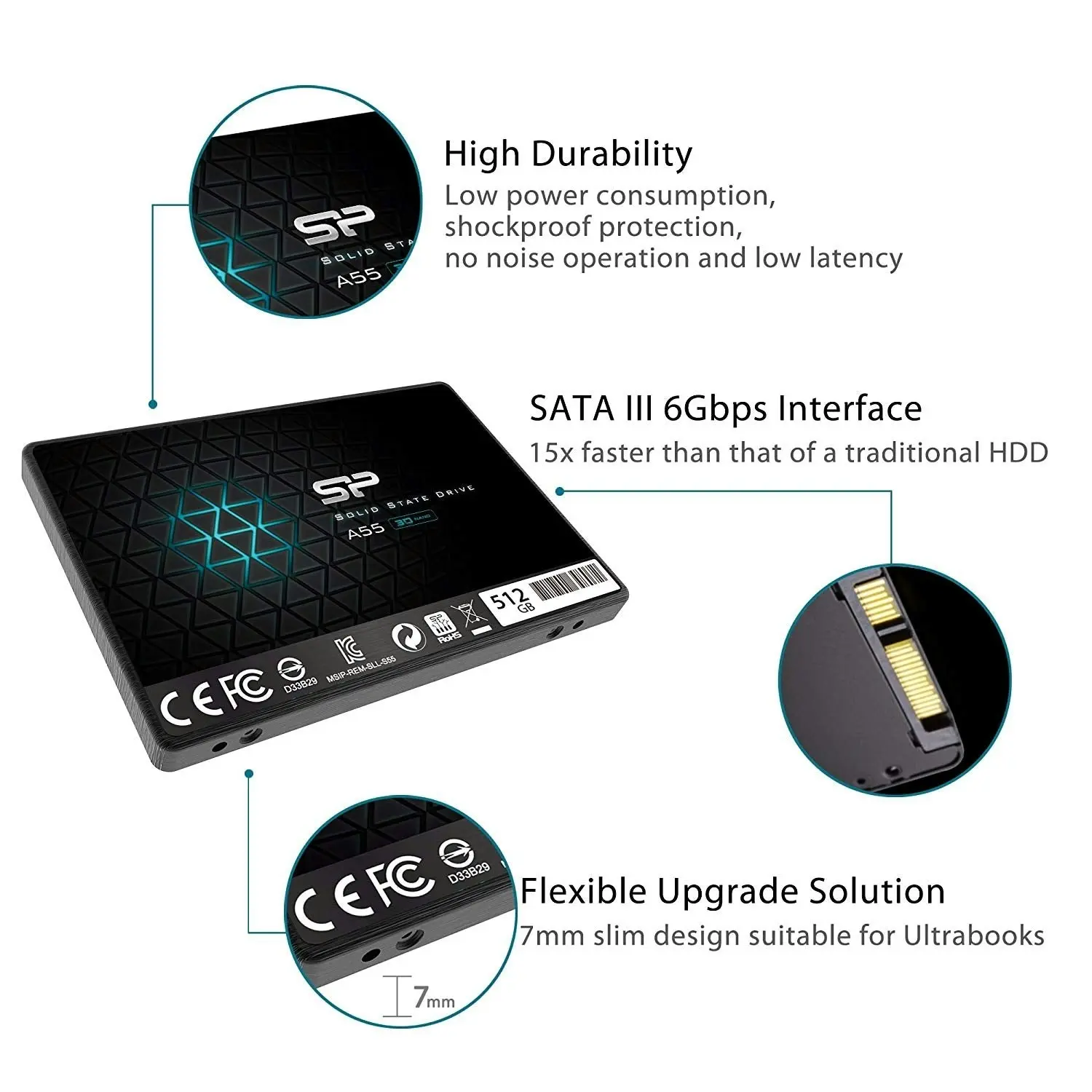 Silicon Power 512GB SSD 3D NAND A55 SLC Cache Performance Boost SATA III 2.5" 7mm (0.28") Internal Solid State Drive (SP512GBSS3A55S25)