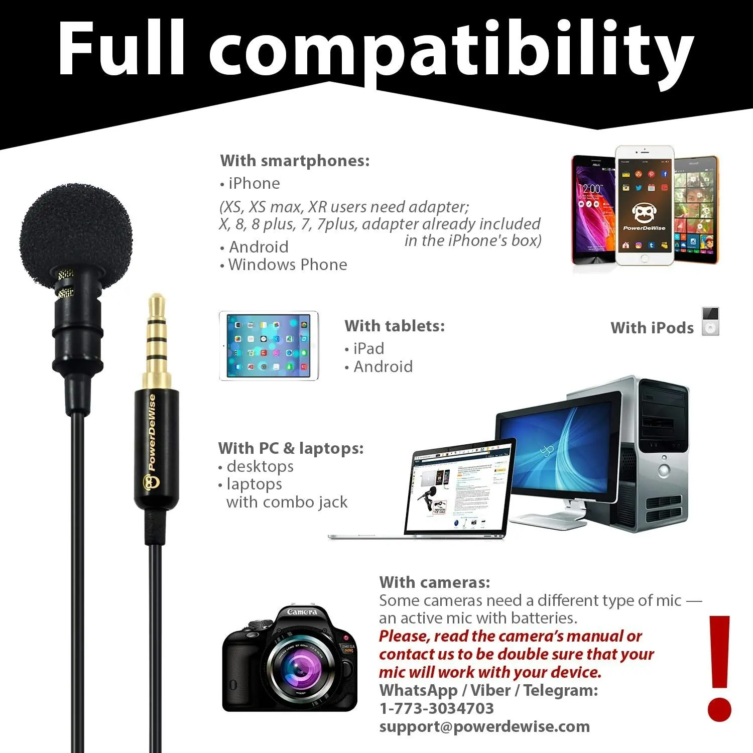 PowerDeWise Professional Grade Lavalier Lapel Microphone ­ Omnidirectional Mic with Easy Clip On System ­ Perfect for Recording Youtube / Interview /