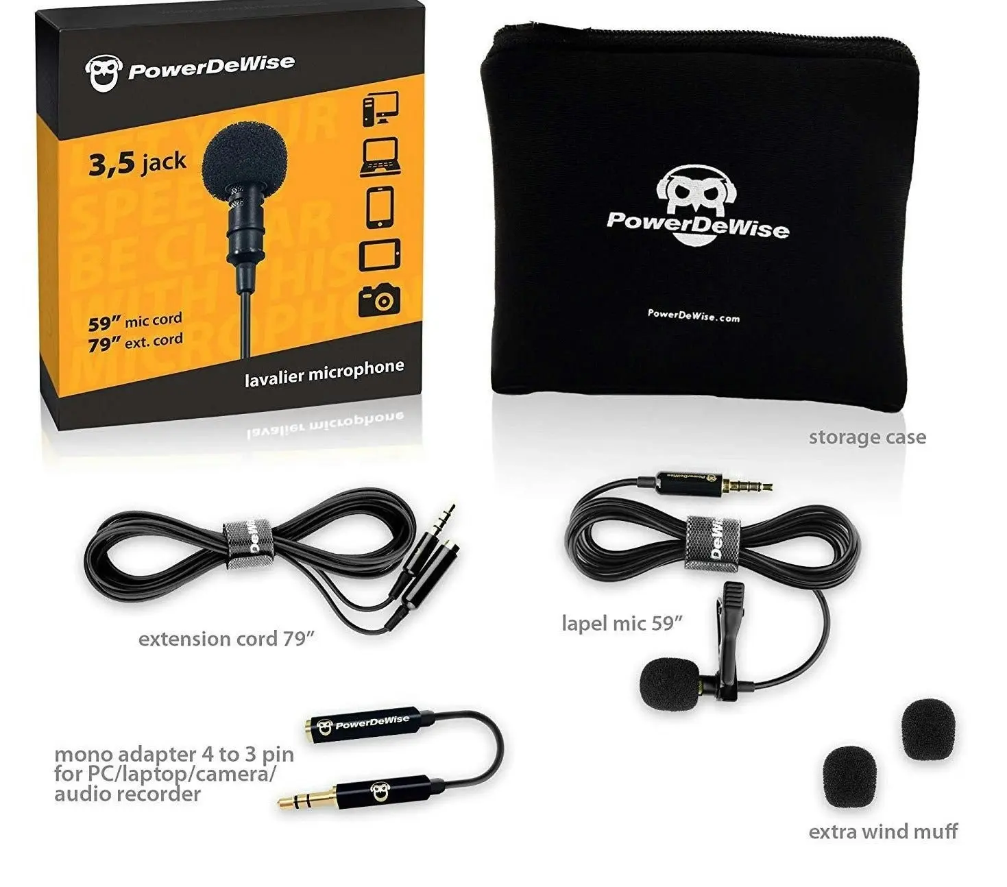 PowerDeWise Professional Grade Lavalier Lapel Microphone ­ Omnidirectional Mic with Easy Clip On System ­ Perfect for Recording Youtube / Interview /