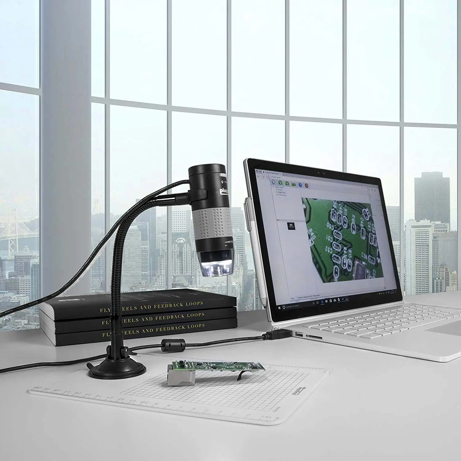 Plugable USB 2.0 Digital Microscope with Flexible Arm Observation Stand for Windows, Mac, Linux (2 MP, 250x Magnification).