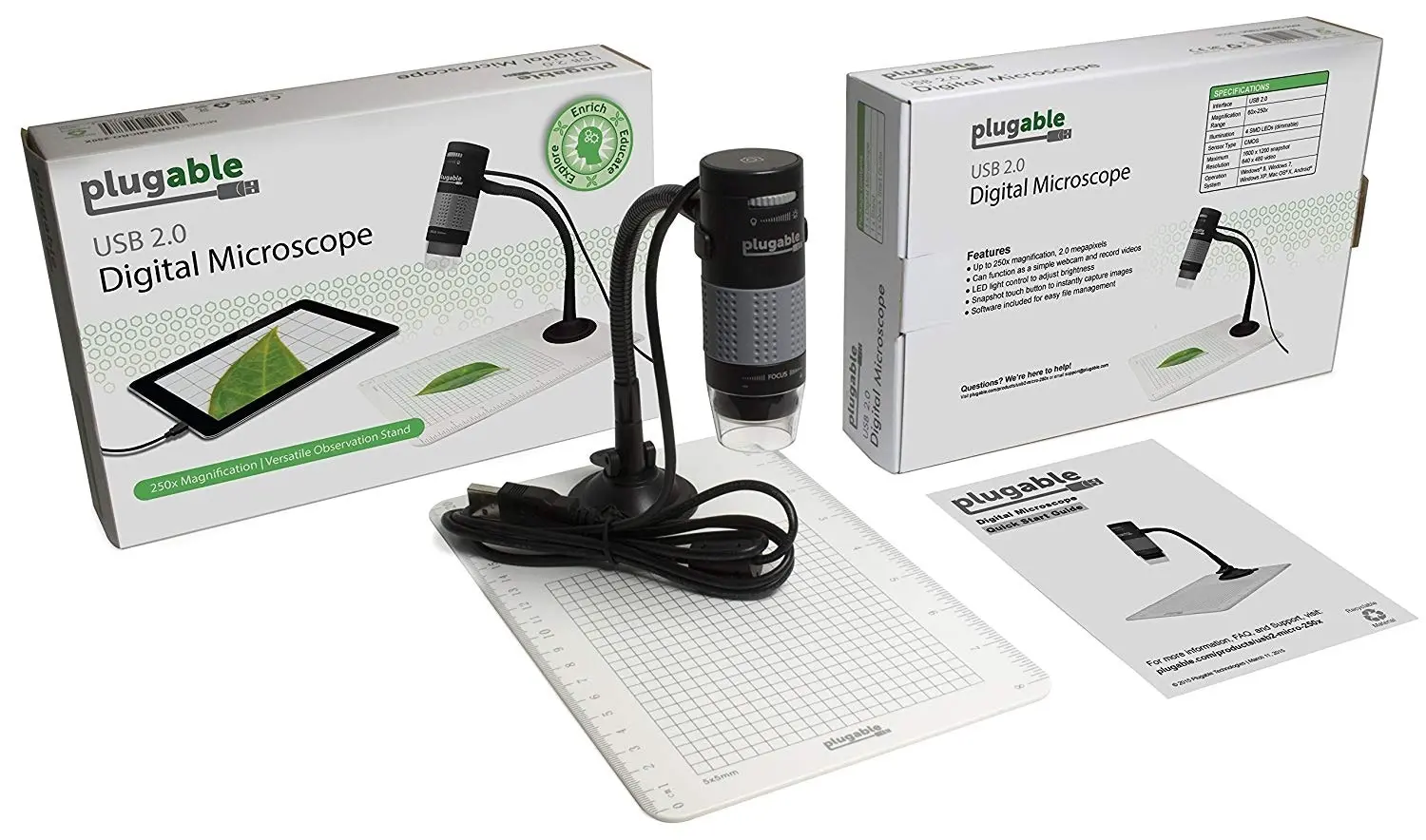 Plugable USB 2.0 Digital Microscope with Flexible Arm Observation Stand for Windows, Mac, Linux (2 MP, 250x Magnification).