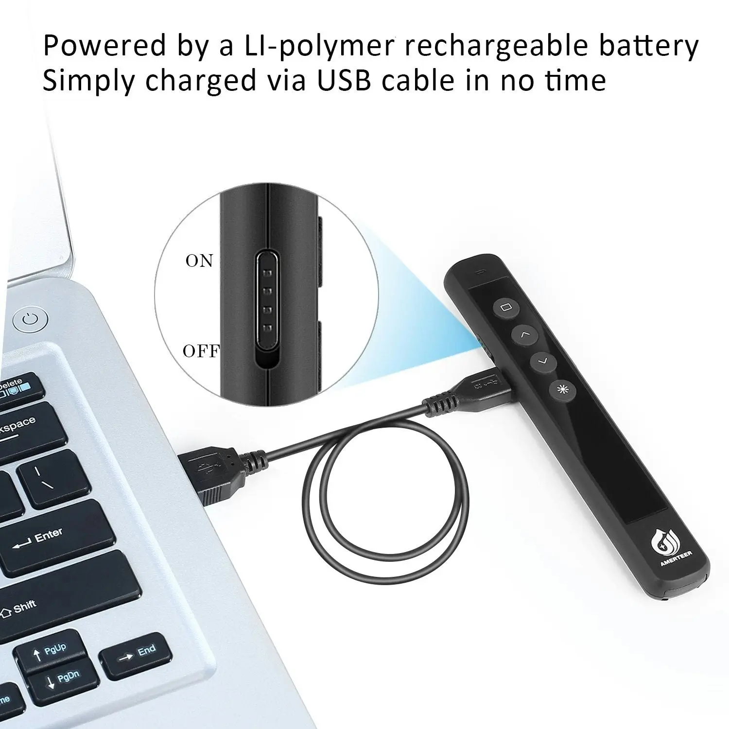 AMERTEER Wireless Presenter, RF 2.4GHz Presentation Remote Rechargeable with Laser Pointer PowerPoint PPT Slides Clicker Support Hyperlink