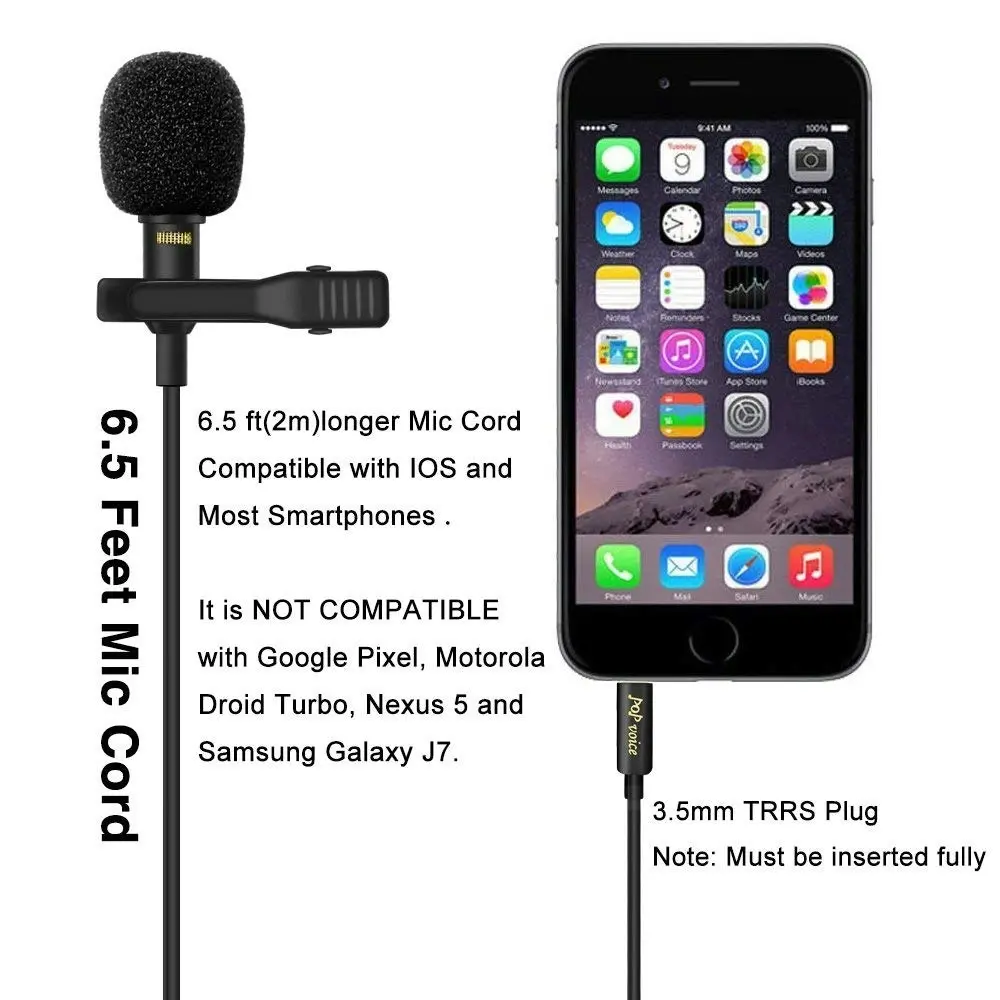 PoP Voice Upgraded Lavalier Lapel Microphone, Omnidirectional Condenser Mic for Apple iPhone iPad Mac Android Smartphones, Youtube, Interview, Studio,