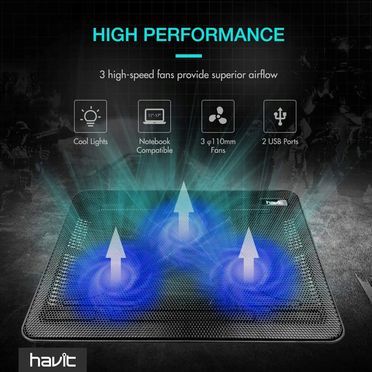 havit HV-F2056 15.6"-17" Laptop Cooler Cooling Pad - Slim Portable USB Powered (3 Fans), Black/Blue