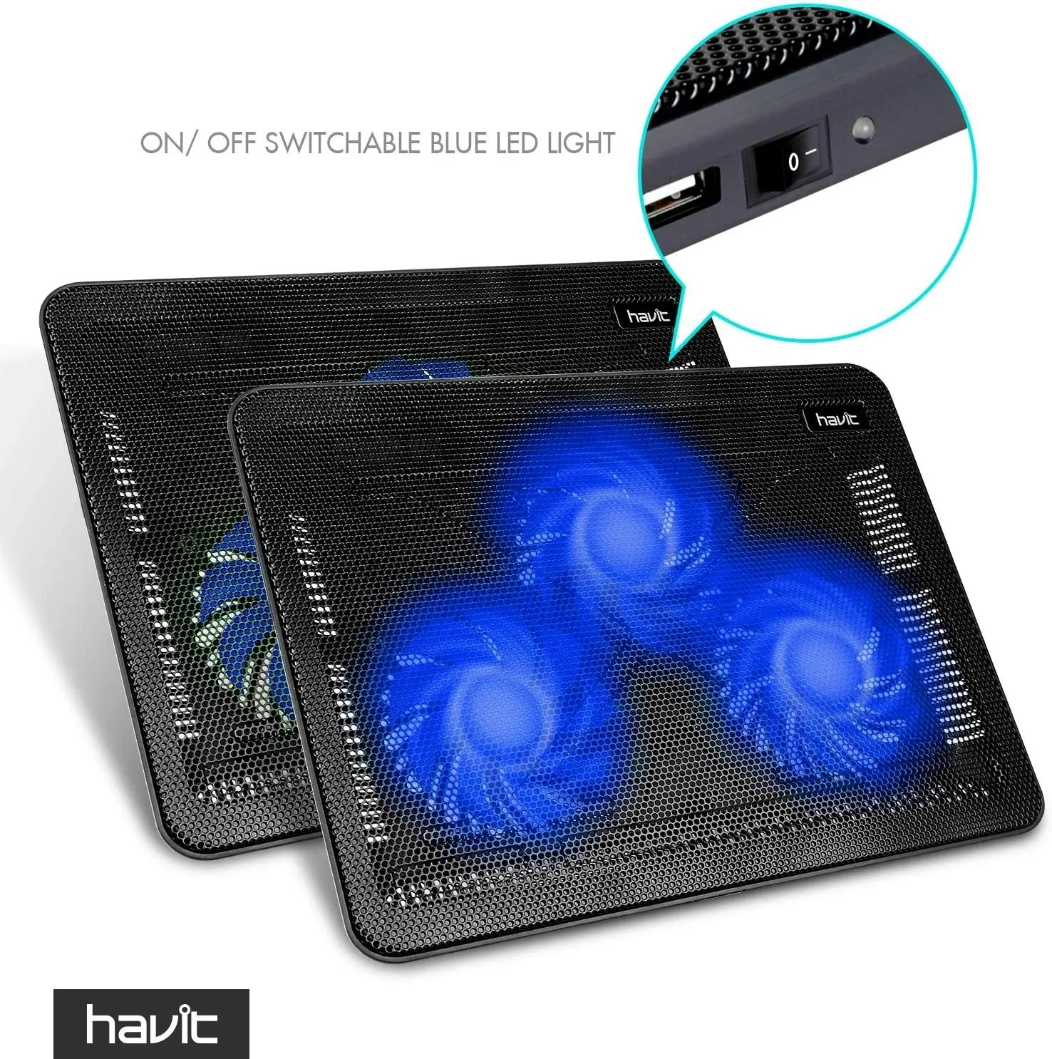 havit HV-F2056 15.6"-17" Laptop Cooler Cooling Pad - Slim Portable USB Powered (3 Fans), Black/Blue