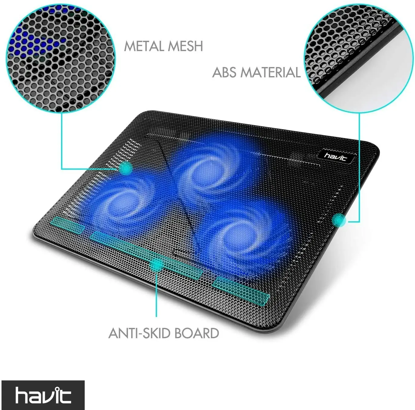 havit HV-F2056 15.6"-17" Laptop Cooler Cooling Pad - Slim Portable USB Powered (3 Fans), Black/Blue