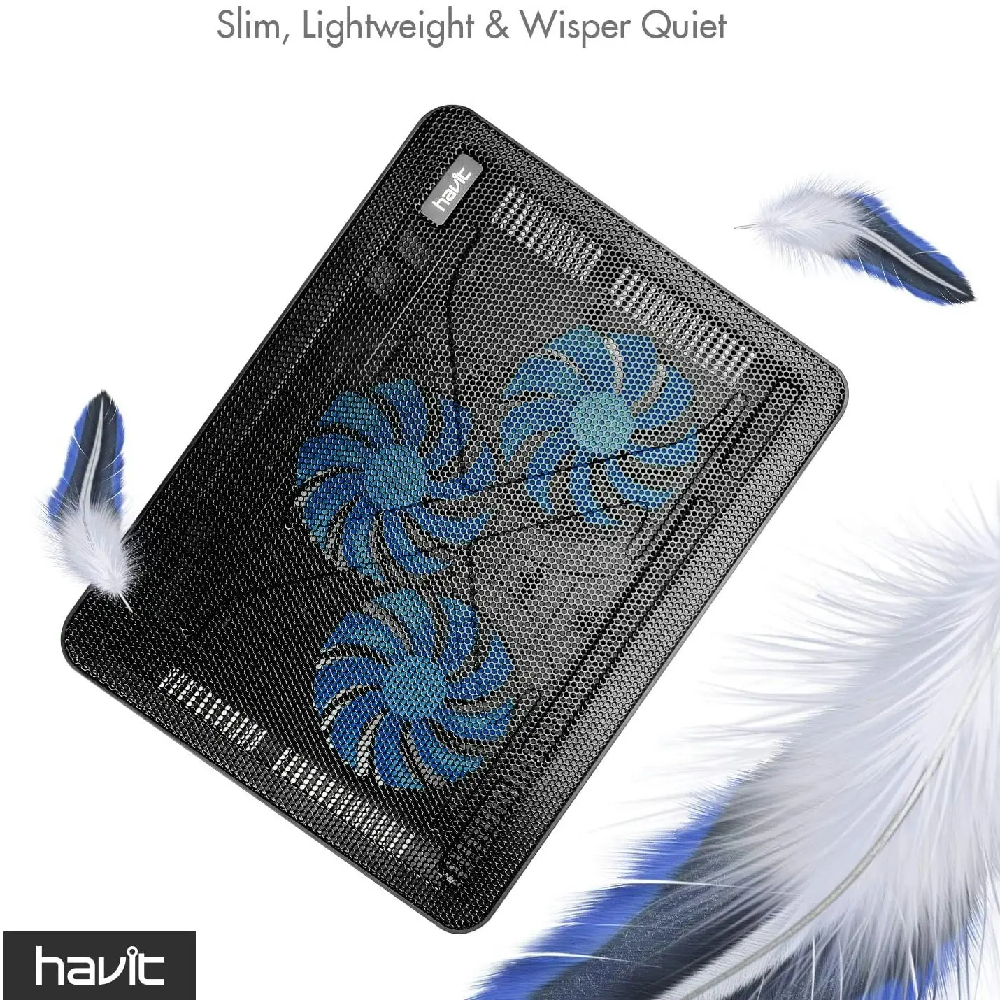 havit HV-F2056 15.6"-17" Laptop Cooler Cooling Pad - Slim Portable USB Powered (3 Fans), Black/Blue