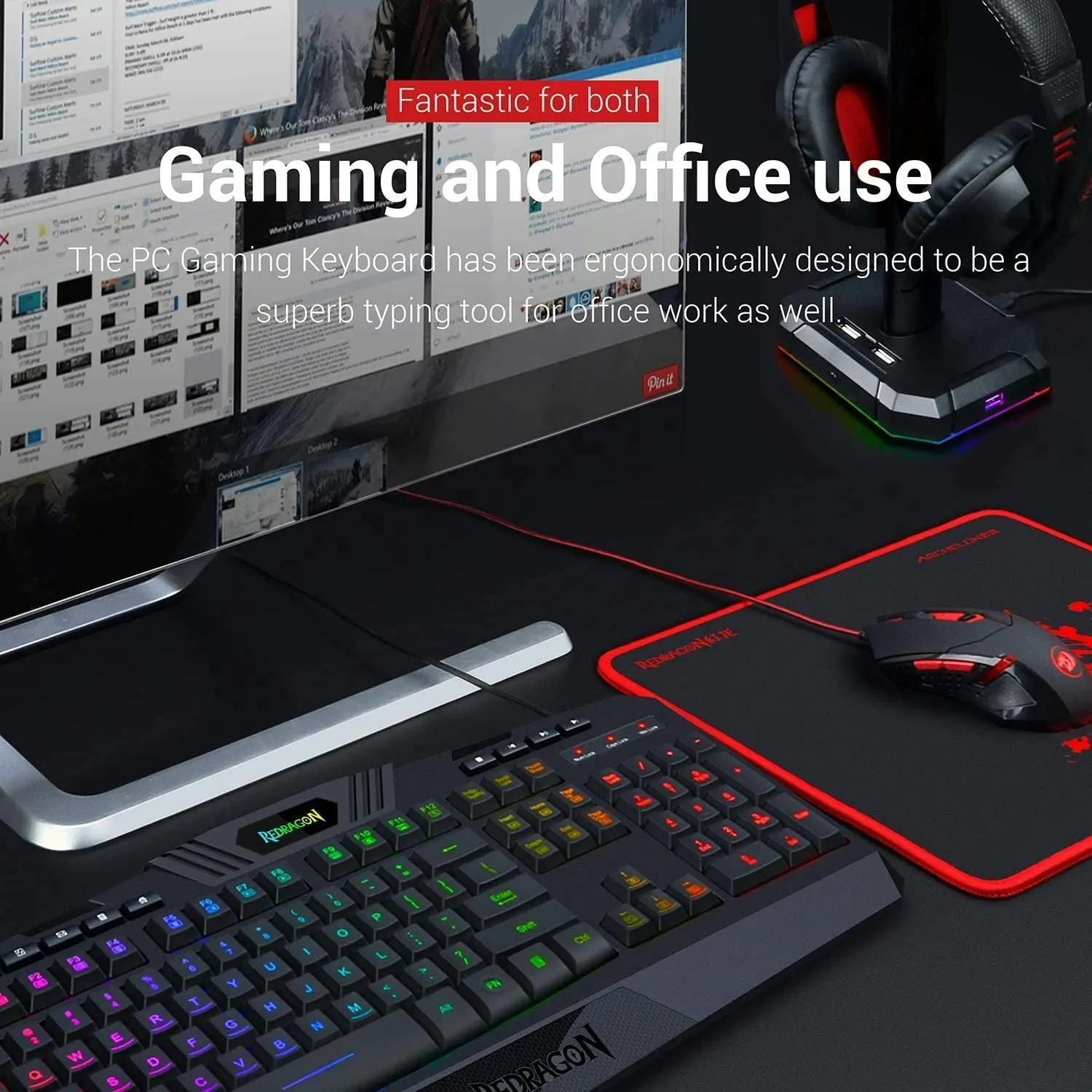 Redragon S101 Wired Gaming Keyboard and Mouse Combo RGB Backlit Gaming Keyboard with Multimedia Keys Wrist Rest and Red Backlit Gaming Mouse 3200 DPI