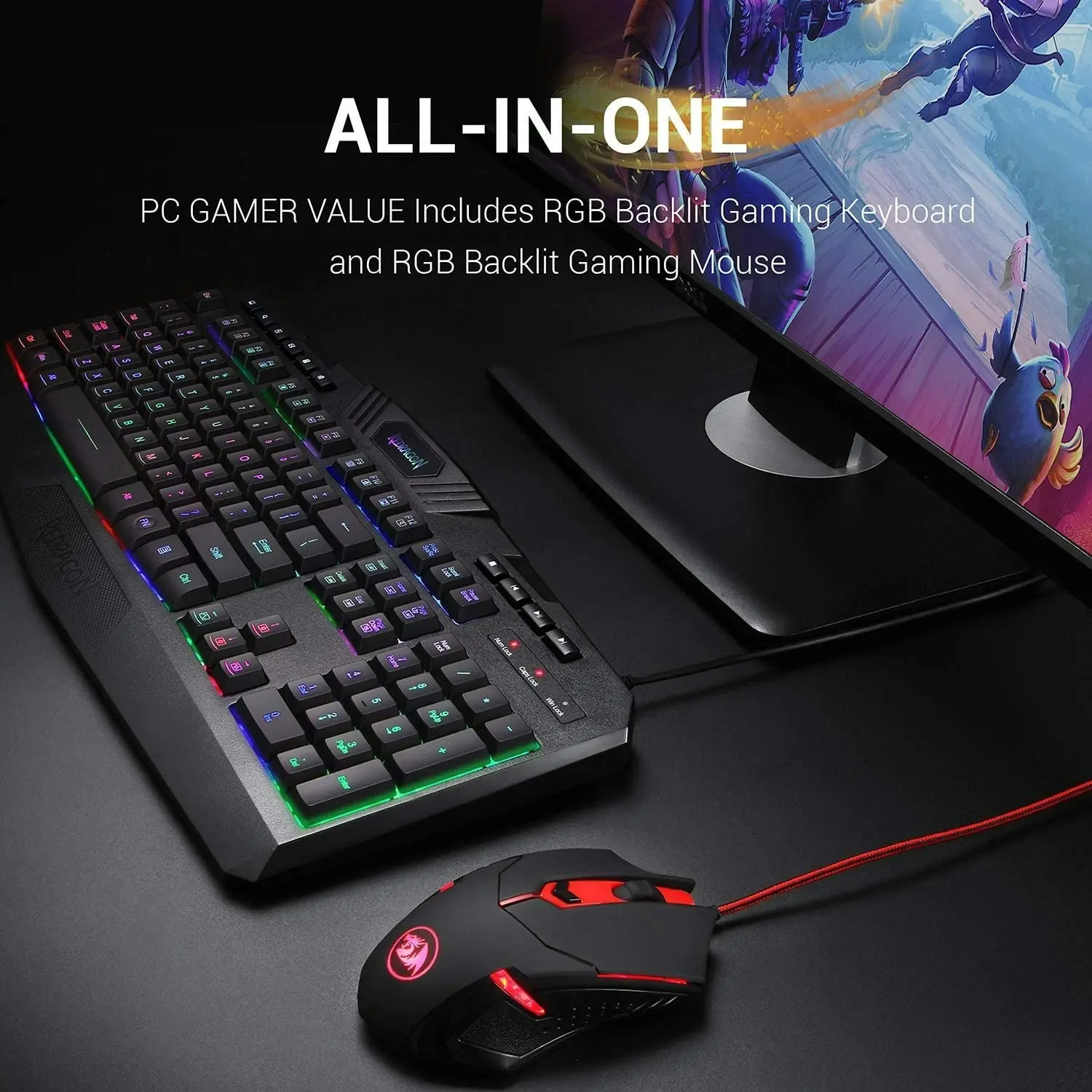 Redragon S101 Wired Gaming Keyboard and Mouse Combo RGB Backlit Gaming Keyboard with Multimedia Keys Wrist Rest and Red Backlit Gaming Mouse 3200 DPI