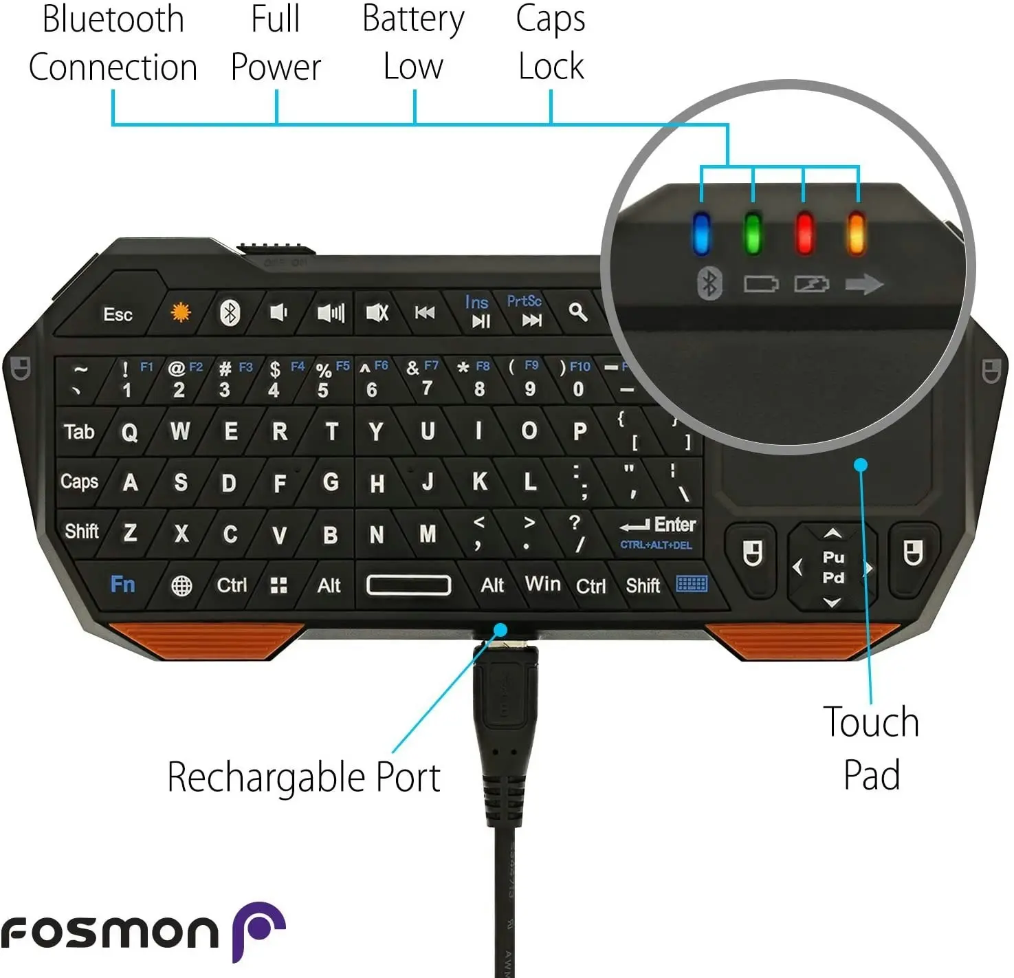 Fosmon Mini Bluetooth Keyboard (QWERTY Keypad), Wireless Portable Lightweight with built-in Touchpad, works with Apple TV, PS4, Smartphones and more