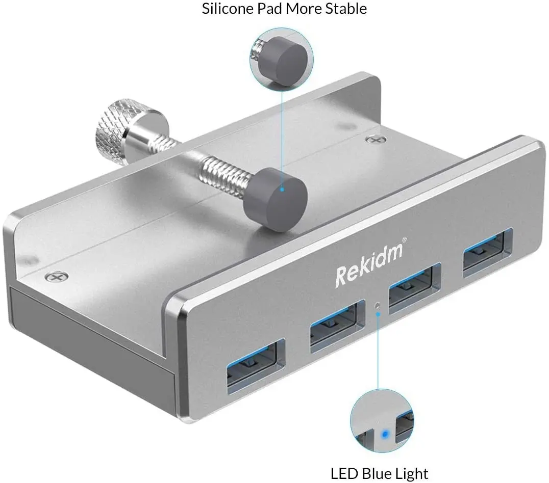 Rekidm USB Hub 3.0 - 4 Port Aluminum USB 3.0 Hub Clamp Design for Desktop, Computer, PC, Table Edge with Durable Adjustable Clip, Compact Space-Saving