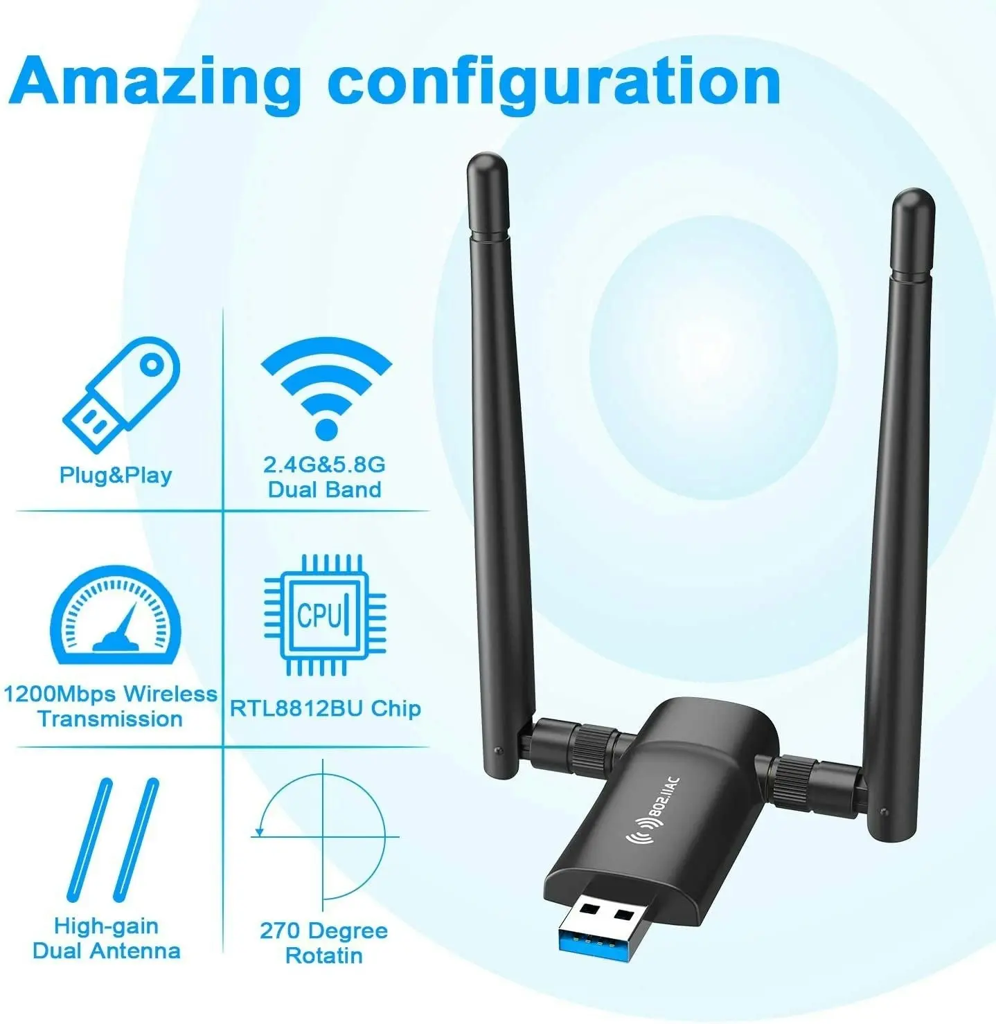 Nineplus Wireless USB WiFi Adapter for PC - 802.11AC 1200Mbps Dual 5Dbi Antennas 5G/2.4G WiFi USB for PC Desktop Laptop MAC Windows 10/8/8.1/7/Vista/X