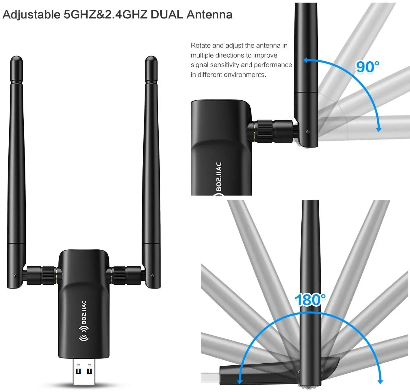 Nineplus Wireless USB WiFi Adapter for PC - 802.11AC 1200Mbps Dual 5Dbi Antennas 5G/2.4G WiFi USB for PC Desktop Laptop MAC Windows 10/8/8.1/7/Vista/X