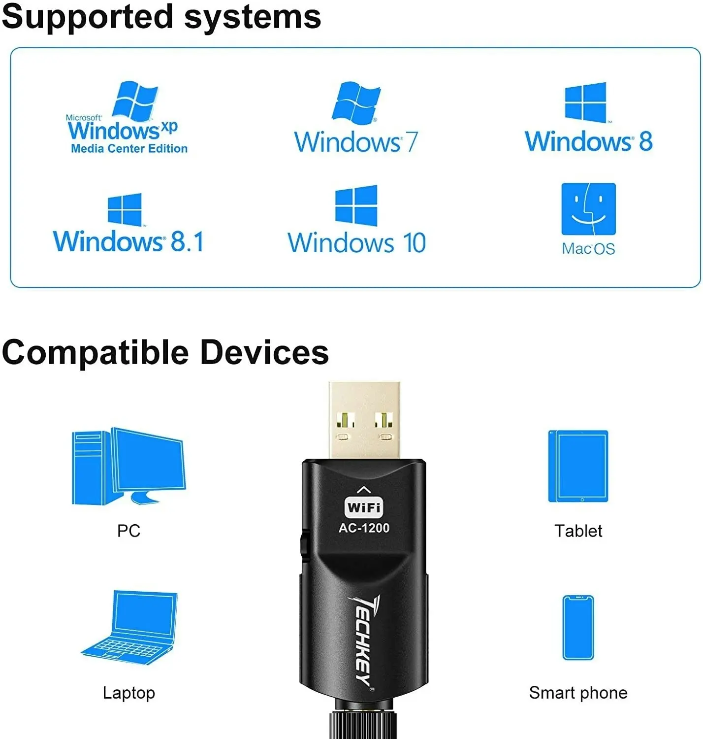 Techkey USB WiFi Adapter 1200Mbps USB 3.0 WiFi Dongle 802.11 ac Wireless Network Adapter with Dual Band 2.42GHz/300Mbps 5.8GHz/866Mbps 5dBi High Gain