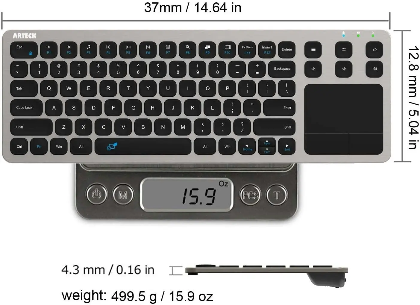 Arteck Wireless Keyboard, 2.4G Wireless Touch TV Keyboard with Easy Media Control and Built-In Touchpad Mouse Solid Stainless Ultra Compact Full Size