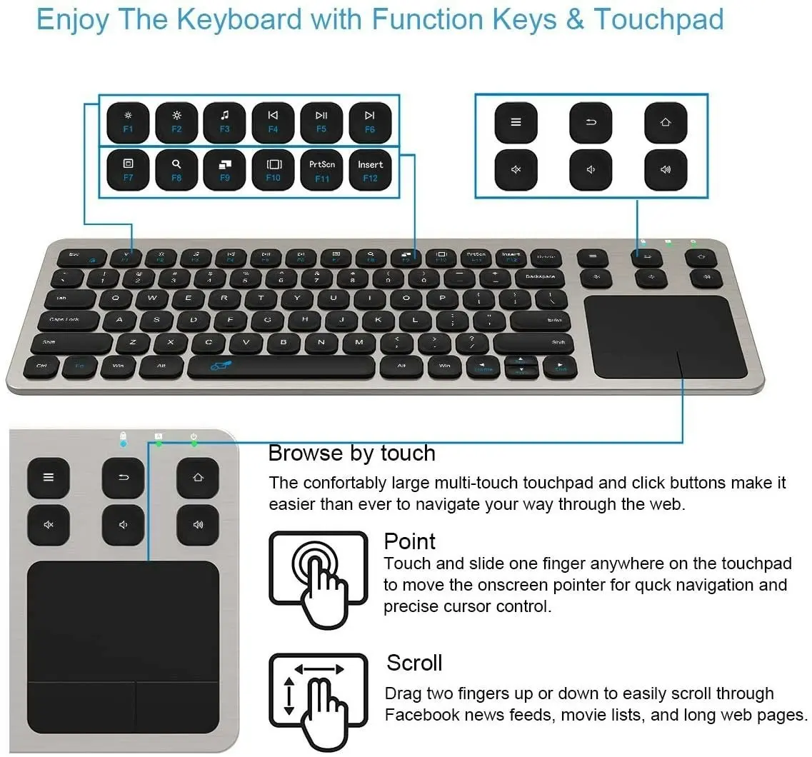 Arteck Wireless Keyboard, 2.4G Wireless Touch TV Keyboard with Easy Media Control and Built-In Touchpad Mouse Solid Stainless Ultra Compact Full Size