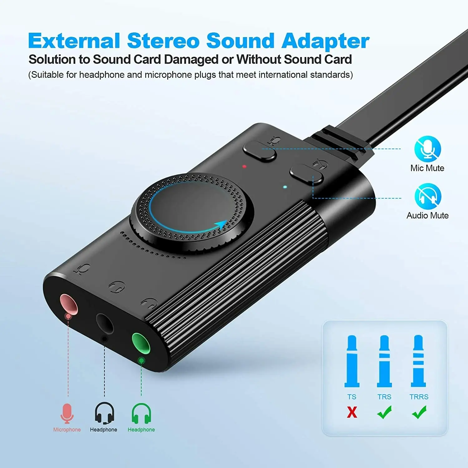 TechRise USB Sound Card, USB External Stereo Sound Adapter Splitter Converter with Volume Control for Windows and Mac, Plug & Play, No Drivers Needed