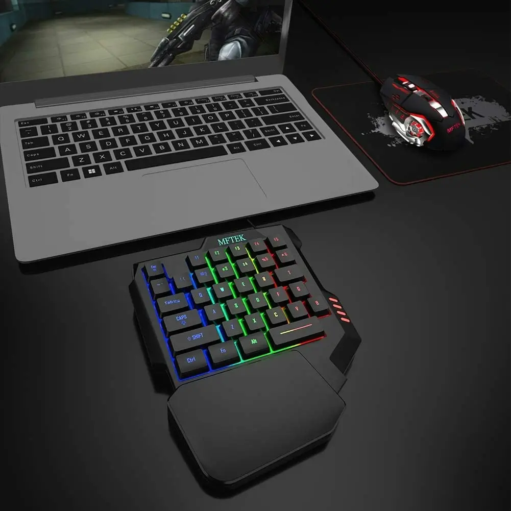 MFTEK One Hand Gaming Keyboard and Mouse Combo, RGB Rainbow Backlit One-Handed Mechanical Feeling Gaming Keyboard with Wrist Rest Support, USB Wired K