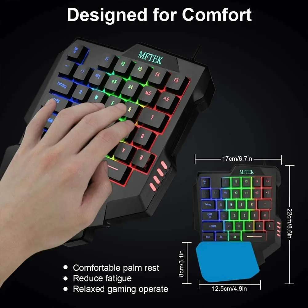 MFTEK One Hand Gaming Keyboard and Mouse Combo, RGB Rainbow Backlit One-Handed Mechanical Feeling Gaming Keyboard with Wrist Rest Support, USB Wired K