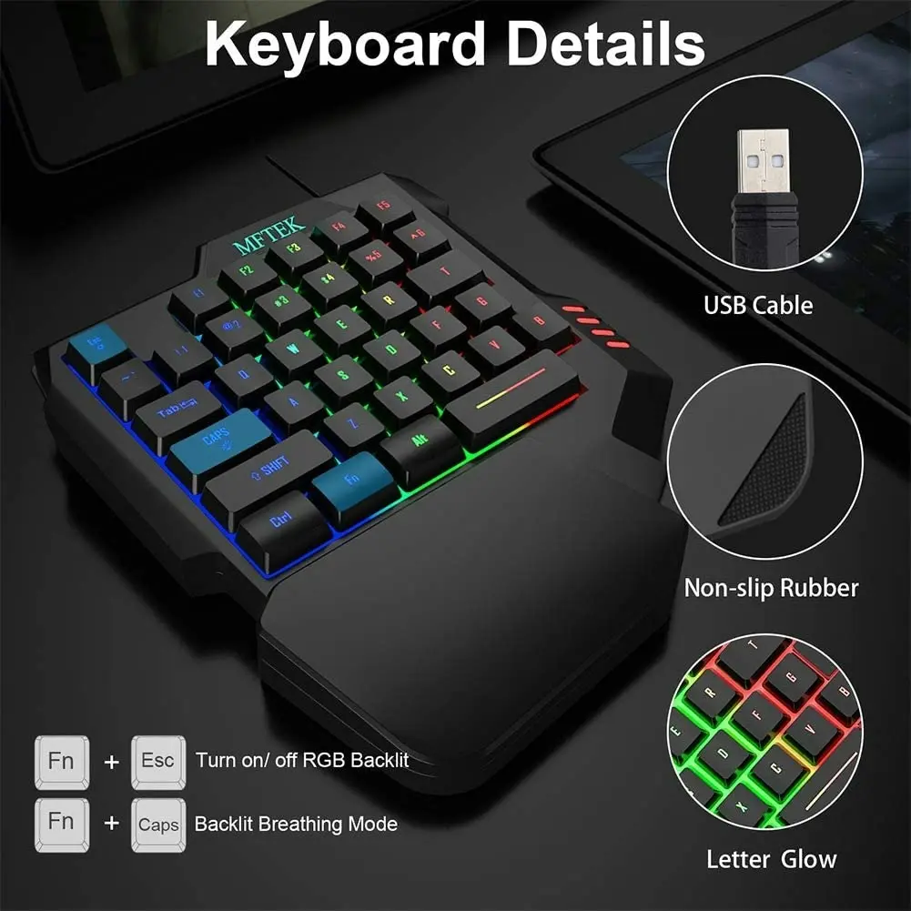 MFTEK One Hand Gaming Keyboard and Mouse Combo, RGB Rainbow Backlit One-Handed Mechanical Feeling Gaming Keyboard with Wrist Rest Support, USB Wired K