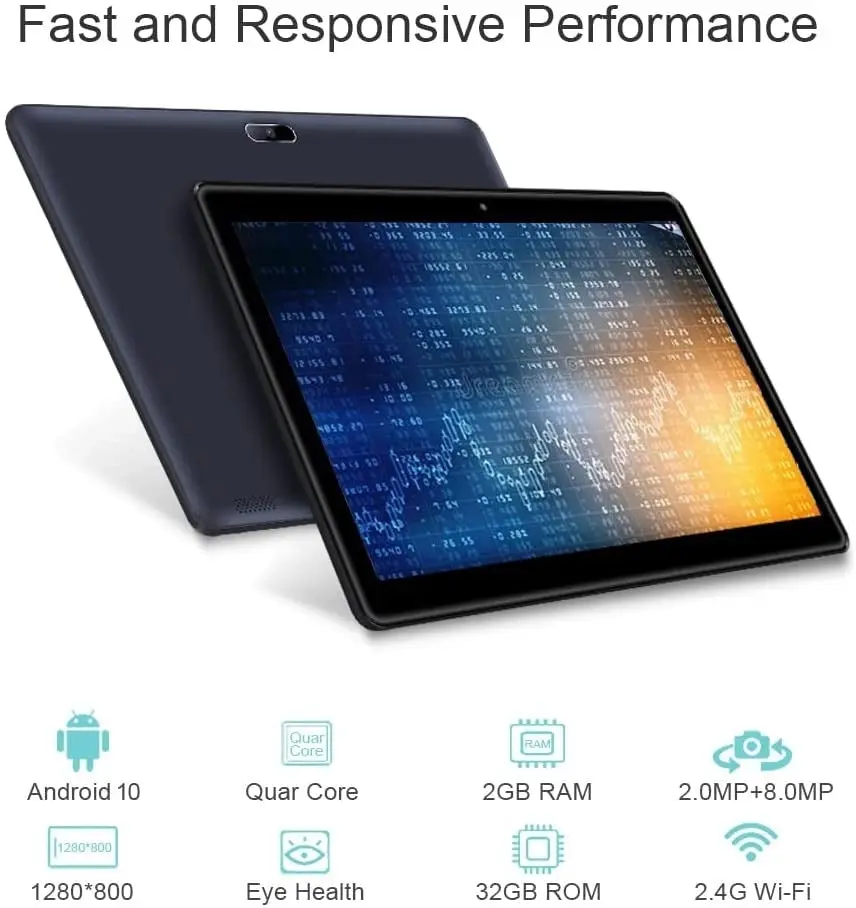 Android Tablet Pritom 10.1'' Android 10 Tablet, 2GB RAM, 32GB ROM, Quad Core Processor, HD IPS Screen, 2.0 Front + 8.0 MP Rear Camera, Wi-Fi, Bluetoot