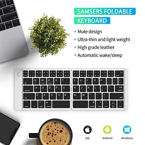 Samsers Foldable Bluetooth Keyboard - Portable Wireless Keyboard with Stand Holder, Rechargeable Full Size Ultra Slim Folding Keyboard Compatible iOS