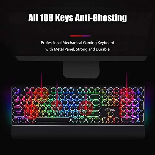 RK ROYAL KLUDGE Typewriter Style Mechanical Gaming Keyboard with True RGB Backlit Collapsible Wrist Rest 108-Key Blue Switch Retro Round Keycap, Black