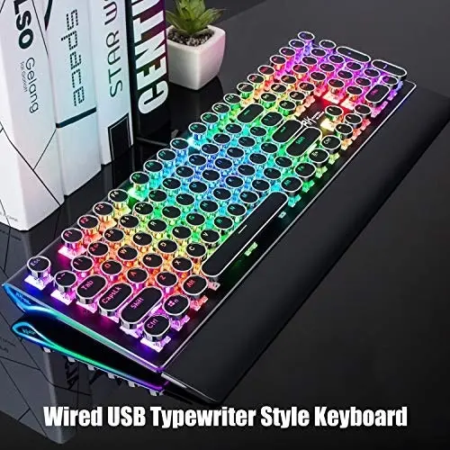 RK ROYAL KLUDGE Typewriter Style Mechanical Gaming Keyboard with True RGB Backlit Collapsible Wrist Rest 108-Key Blue Switch Retro Round Keycap, Black