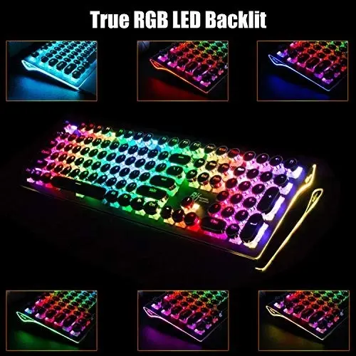 RK ROYAL KLUDGE Typewriter Style Mechanical Gaming Keyboard with True RGB Backlit Collapsible Wrist Rest 108-Key Blue Switch Retro Round Keycap, Black