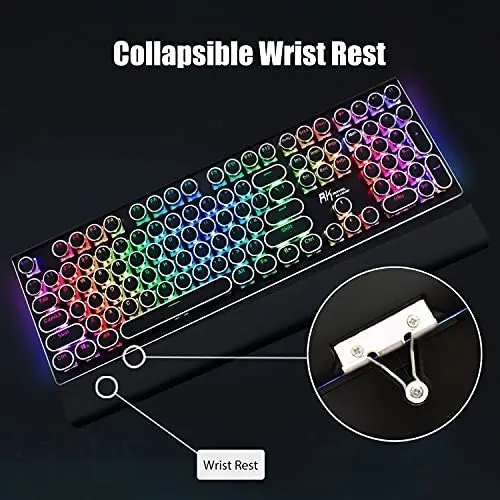 RK ROYAL KLUDGE Typewriter Style Mechanical Gaming Keyboard with True RGB Backlit Collapsible Wrist Rest 108-Key Blue Switch Retro Round Keycap, Black