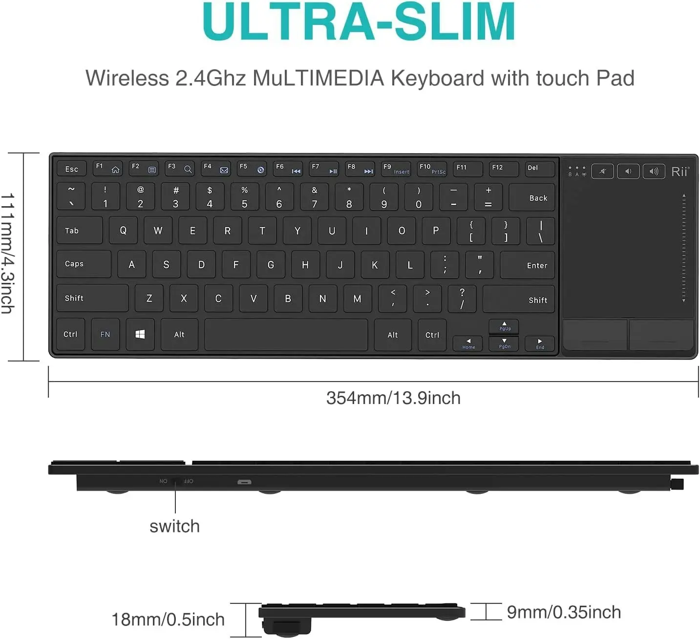 Rii K22 Wireless Keyboard for Windows,Ultra Slim Silent Keyboard with Touchpad,2.4 Ghz Wireless Computer Keyboard,Compatible with PC, Laptop