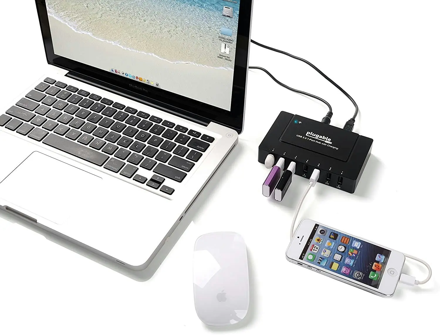 7 Port USB Hub - Plugable USB Charging Station for Multiple Devices and USB 2.0 Data Transfer with a 60W Power Adapter