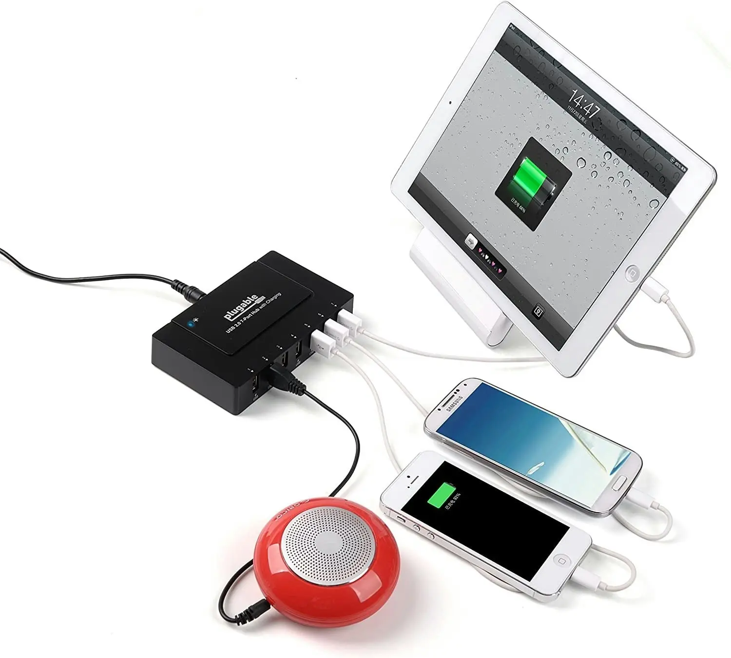 7 Port USB Hub - Plugable USB Charging Station for Multiple Devices and USB 2.0 Data Transfer with a 60W Power Adapter