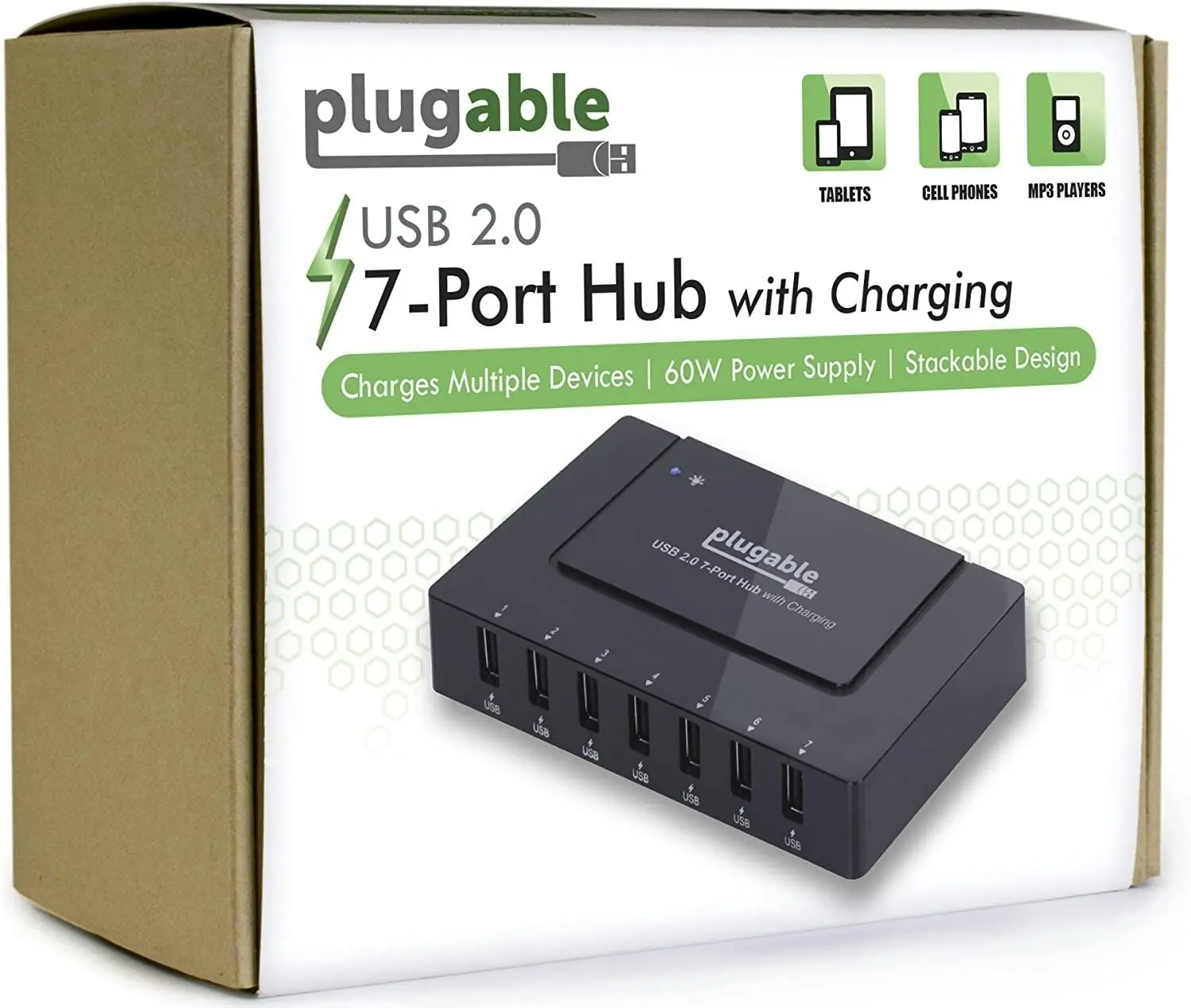 7 Port USB Hub - Plugable USB Charging Station for Multiple Devices and USB 2.0 Data Transfer with a 60W Power Adapter