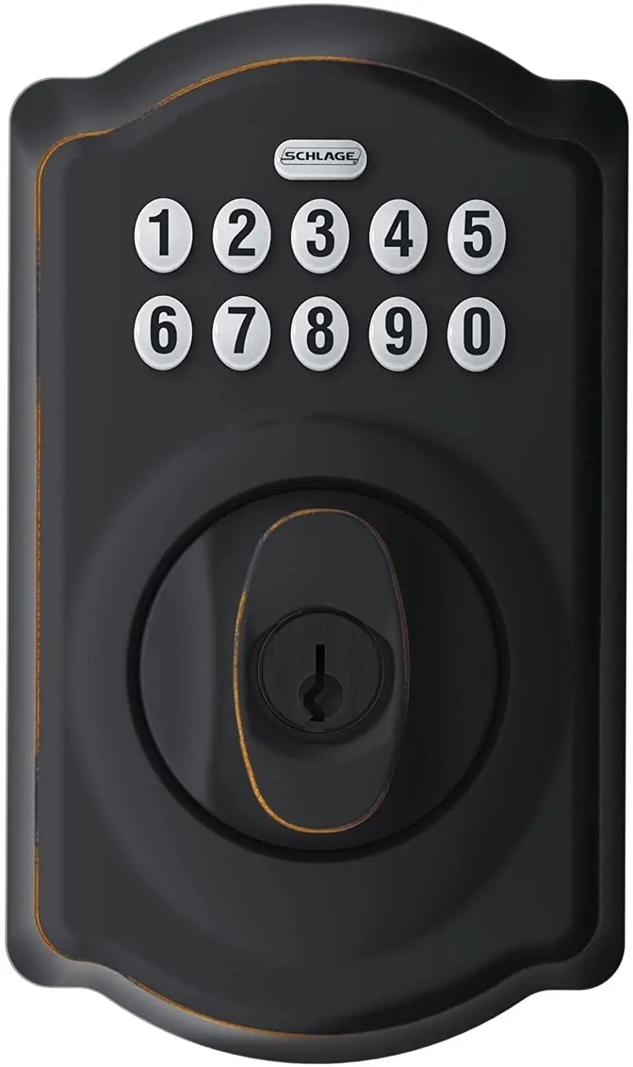 Schlage BE365 V CAM 716 Camelot Keypad Deadbolt Electronic Keyless Entry Lock, Aged Bronze