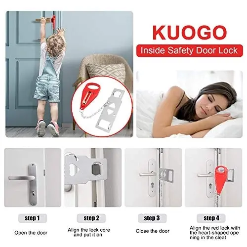 KUOGO Portable Door Lock-2 Pack Solid Heavy Duty Door Extra Lock for Additional Privacy and Safety in Hotel, Apartment,and Prevent Unauthorized Entry