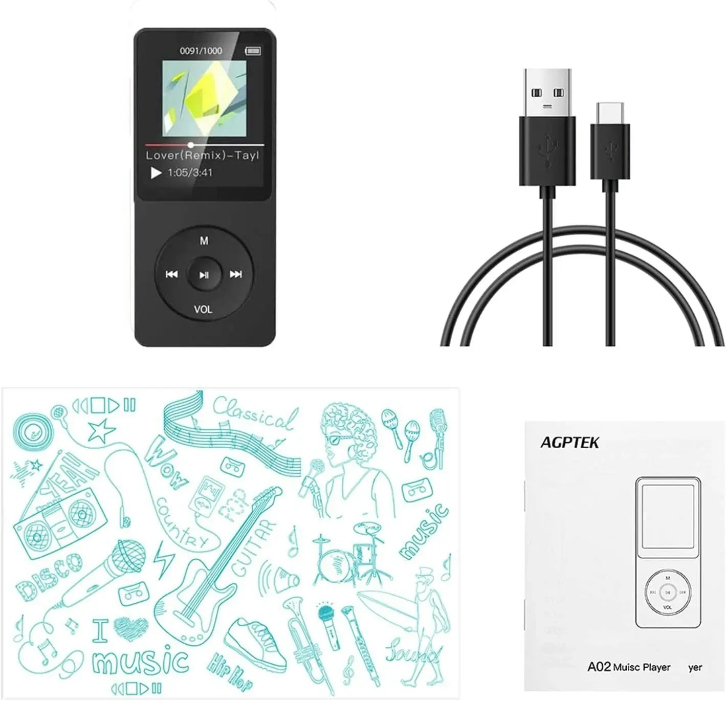 Agptek 8GB MP3 Player, A02 70 Hours Playback Lossless Sound Music Player (Supports up to 128GB), Black