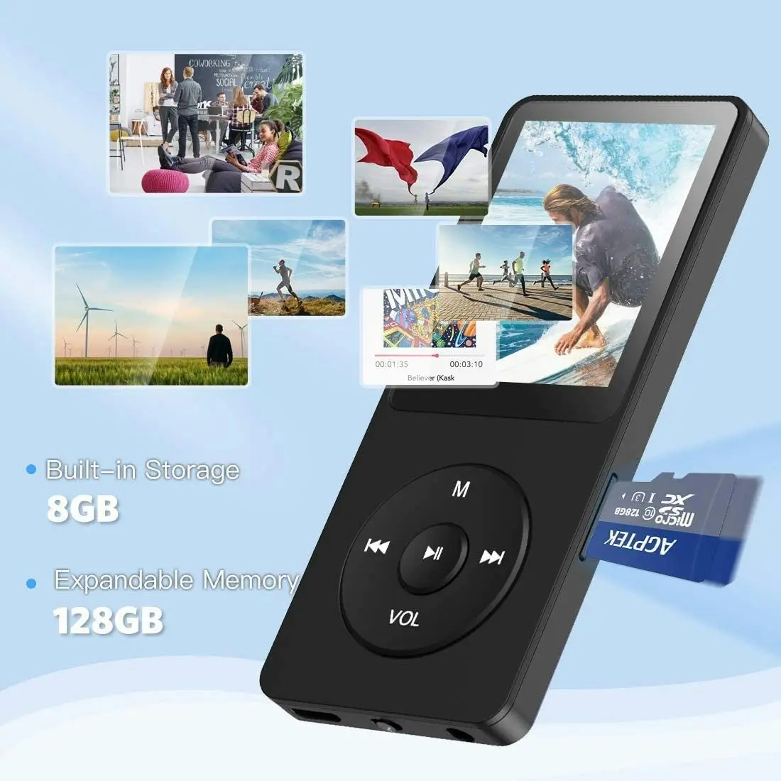 Agptek 8GB MP3 Player, A02 70 Hours Playback Lossless Sound Music Player (Supports up to 128GB), Black