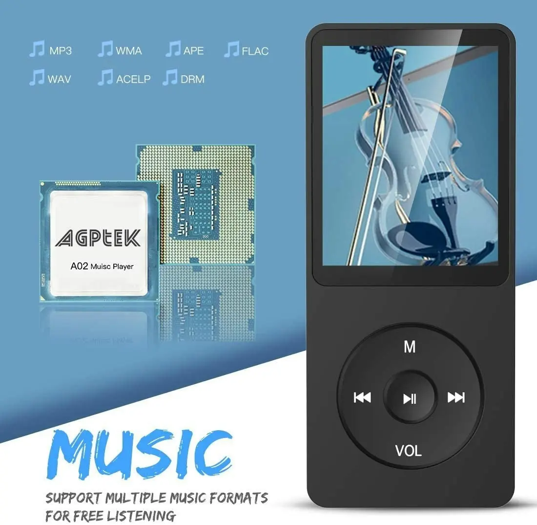 Agptek 8GB MP3 Player, A02 70 Hours Playback Lossless Sound Music Player (Supports up to 128GB), Black