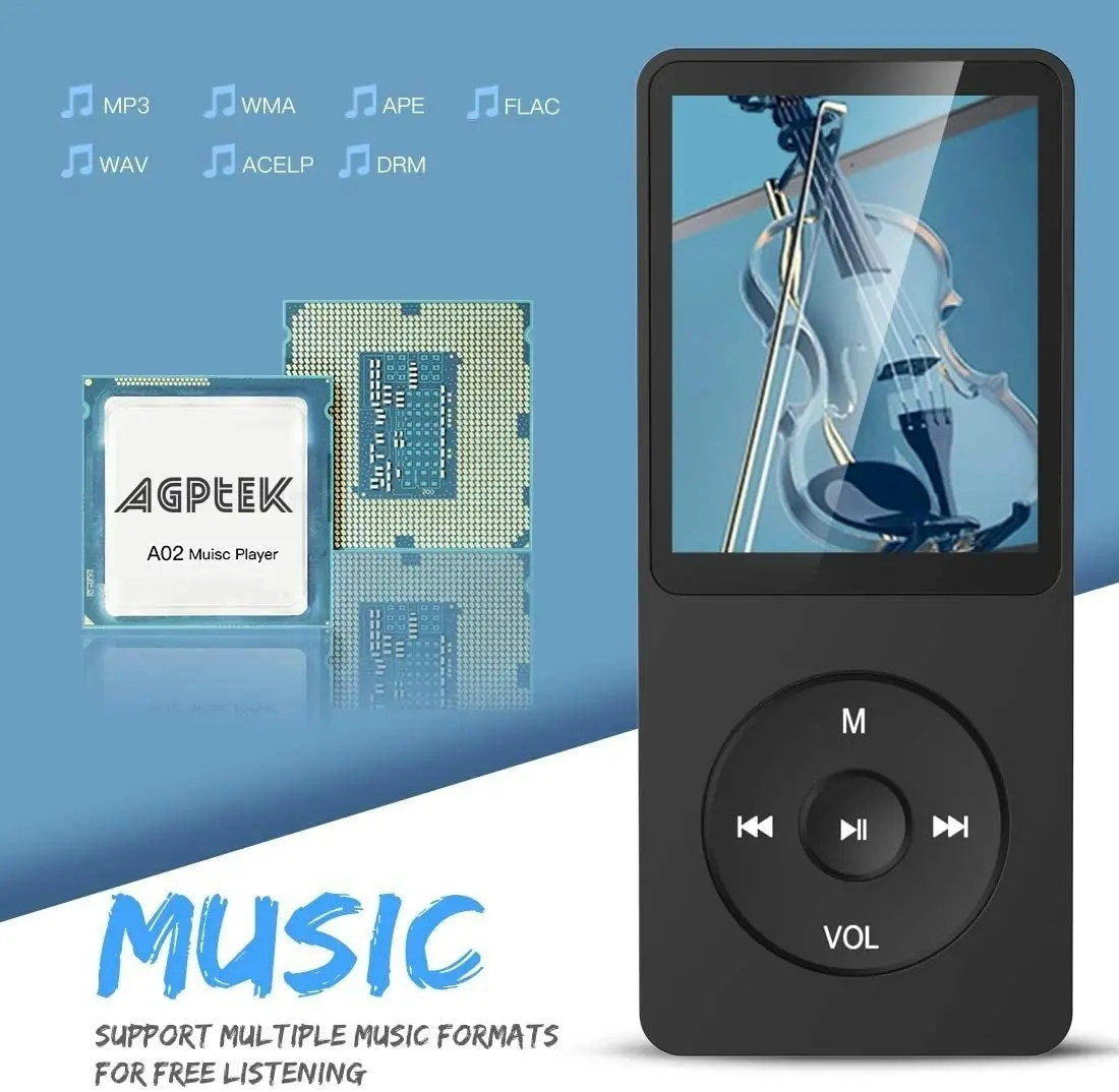 Agptek 8GB MP3 Player, A02 70 Hours Playback Lossless Sound Music Player (Supports up to 128GB), Black