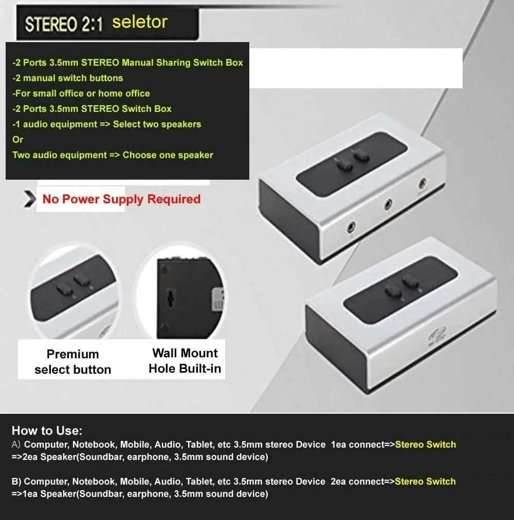 STEREO 2 PORT 3.5mm Manual Switch Box AUX Audio Speaker selector(Wall Mount Hole Built-in, wall or table available)