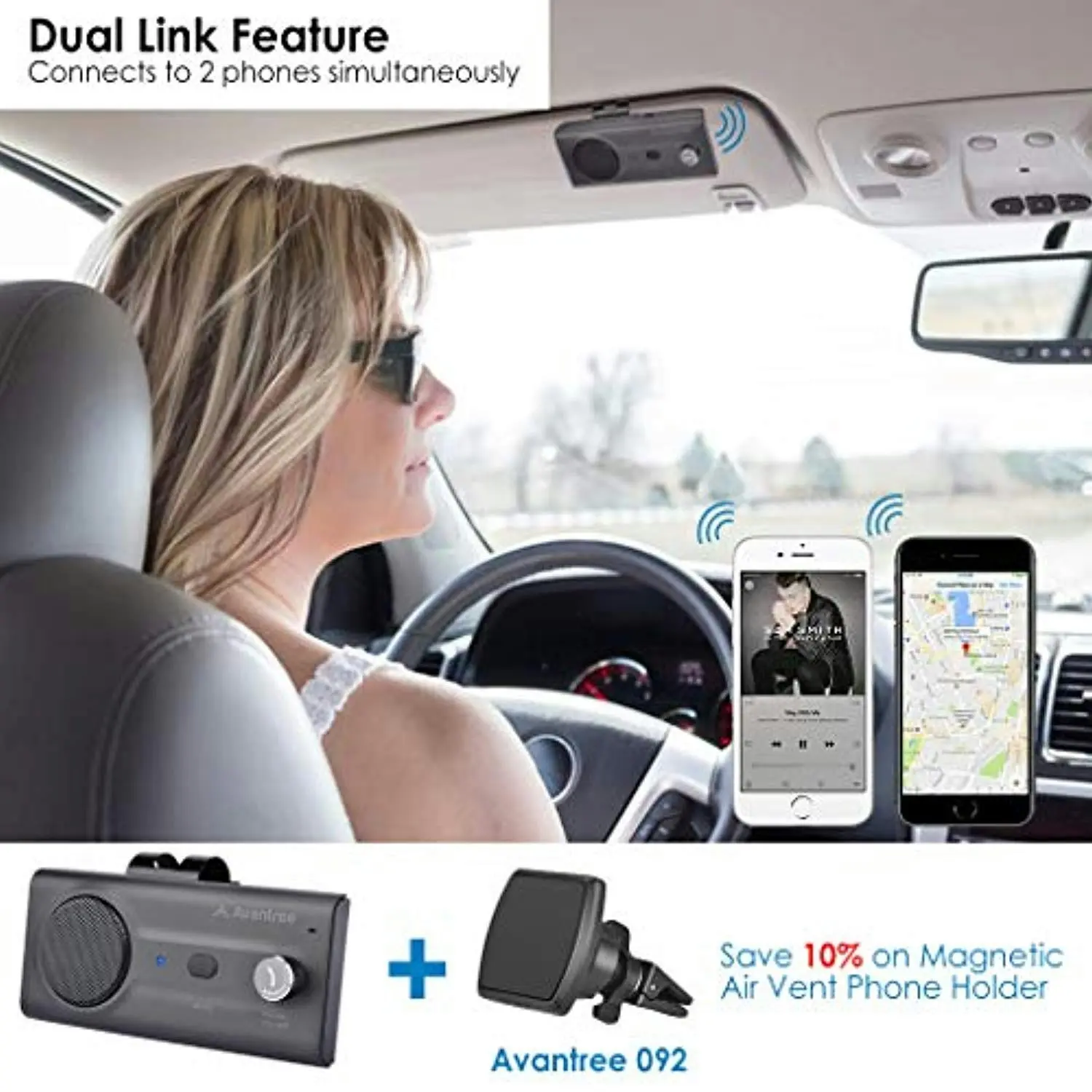 Avantree CK11 Bluetooth Hands Free Car Kit, Connects with Siri & Google Assistant, Auto On Off, Wireless in Car Handsfree Speakerphone