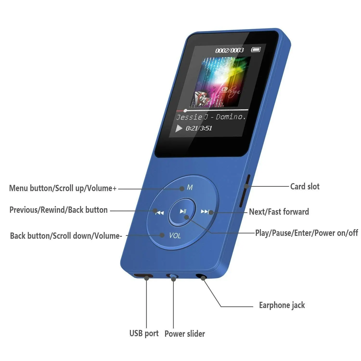 Agptek A02 8GB MP3 Player, 70 Hours Playback Lossless Sound Music Player (Supports up to 128GB), Dark Blue