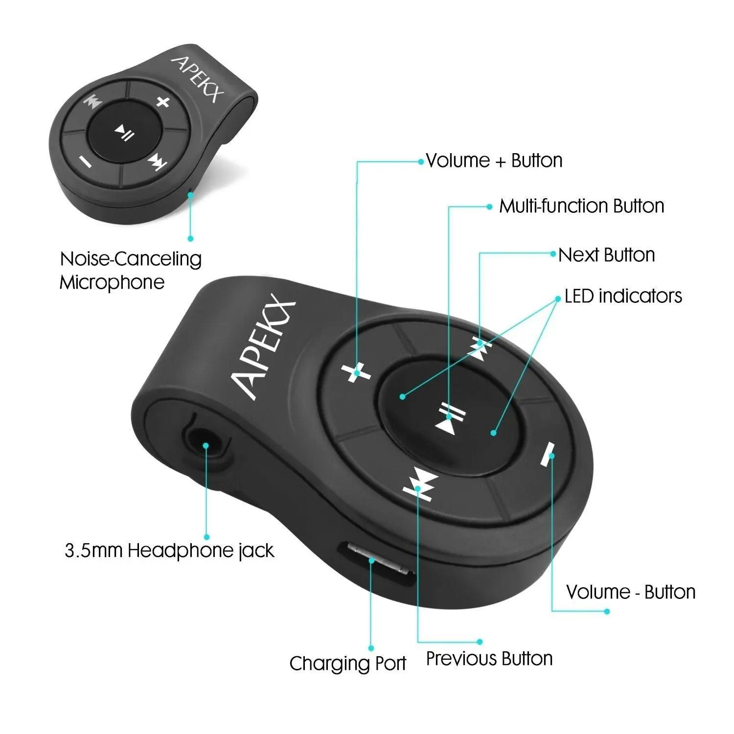 APEKX Clip Bluetooth Audio Adapter for Headphones, Headset, Speaker, Wireless Receiver with MIC for Hands-Free Call and Music