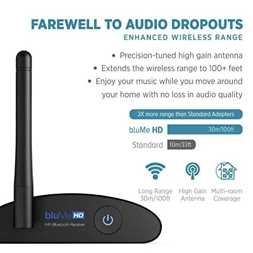 Auris Blume HD Long Range Bluetooth 5.0 Music Receiver Hi-Fi Audio Adapter with Audiophile DAC & AptX HD for Home Stereo, AV Receiver or Amplifier