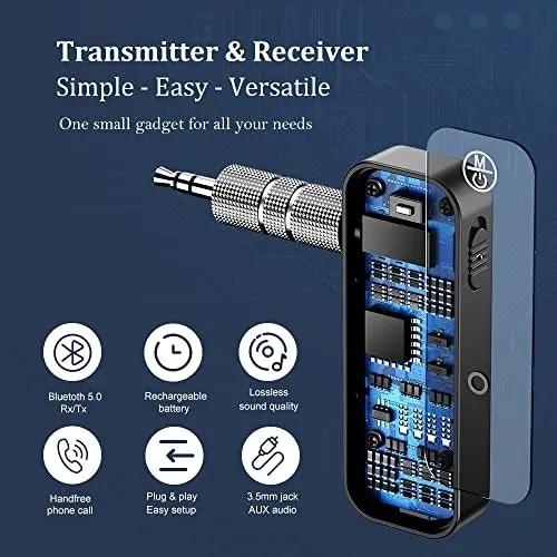 GMCELL Bluetooth 5.0 Adapter 3.5mm Jack Aux Dongle, 2-in-1 Wireless Transmitter/Receiver for TV Audio, Projector, PC, Headphone, Car