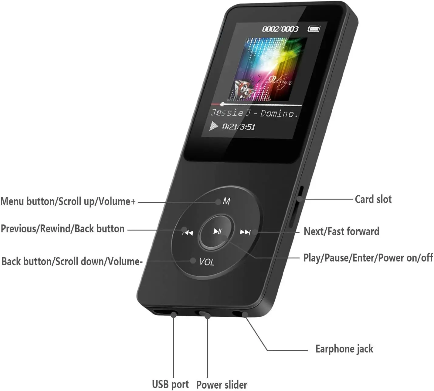 Agptek A02S 16GB MP3 Player with FM Radio, Voice Recorder, 70 Hours Playback and Expandable up to 128GB, Black