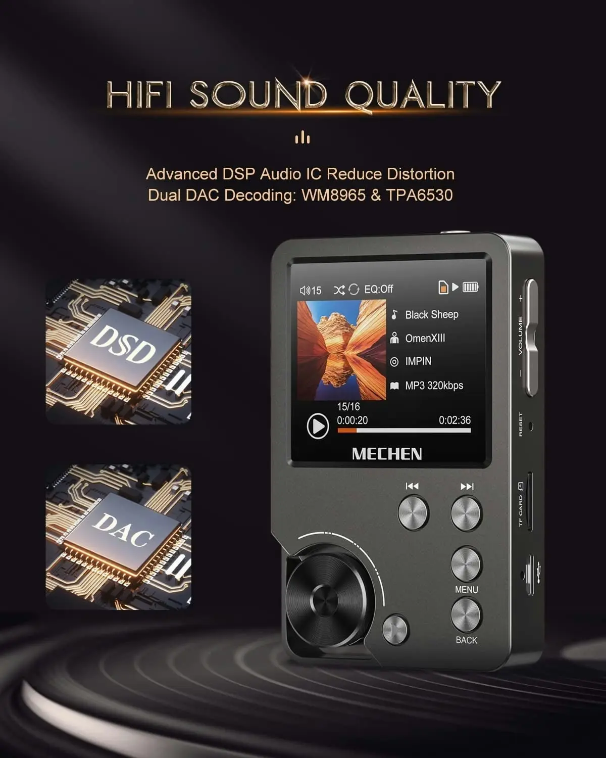 MP3 Player, MECHEN Lossless DSD High Resolution Portable Digital Audio Music Player with 64GB Memory Card, Hifi Lossless Audio Player，Support up to 256GB