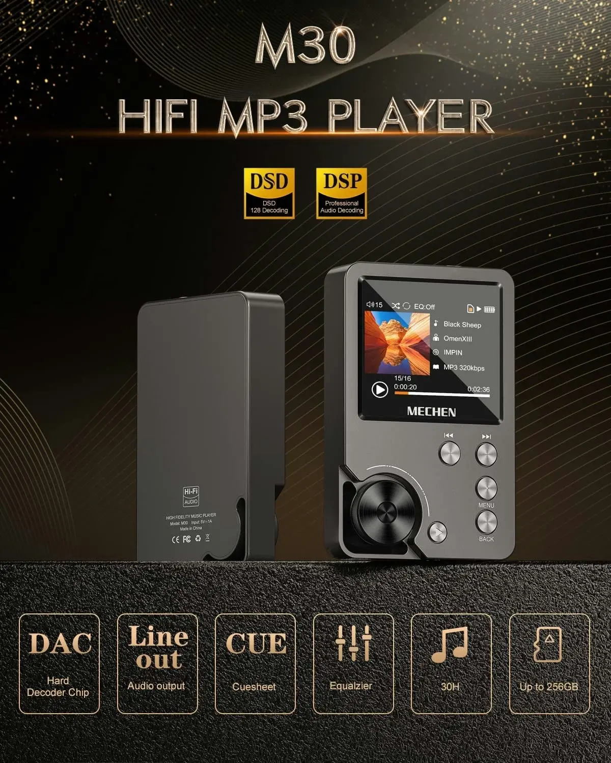 MP3 Player, MECHEN Lossless DSD High Resolution Portable Digital Audio Music Player with 64GB Memory Card, Hifi Lossless Audio Player，Support up to 256GB